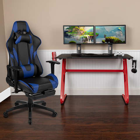 Red Gaming Desk with Cup Holder/Headphone Hook & Blue Reclining Gaming Chair with Footrest - WhatYouNeedSales