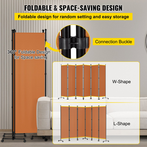 VEVOR 6 Panel Room Divider, 6 FT Tall, Freestanding & Folding Privacy Screen w/ Swivel Casters & Aluminum Alloy Frame, Oxford Bag Included, Room Partition for Office Home, 121"W x 14"D x 73"H