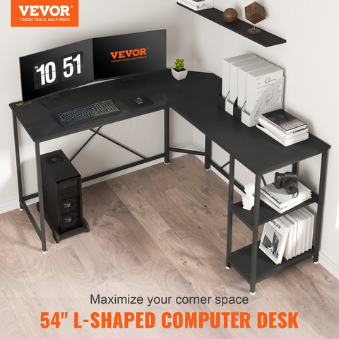 VEVOR L Shaped Computer Desk, 54'' Corner Desk with Storage Shelves & CPU Stand, Work Desk Gaming Desk for Home Office Workstation, Black - WhatYouNeedSales