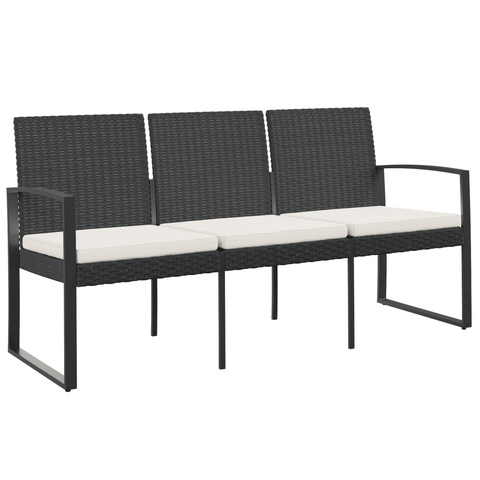 vidaXL 3-Seater Patio Bench with Cushions Black PP Rattan - WhatYouNeedSales