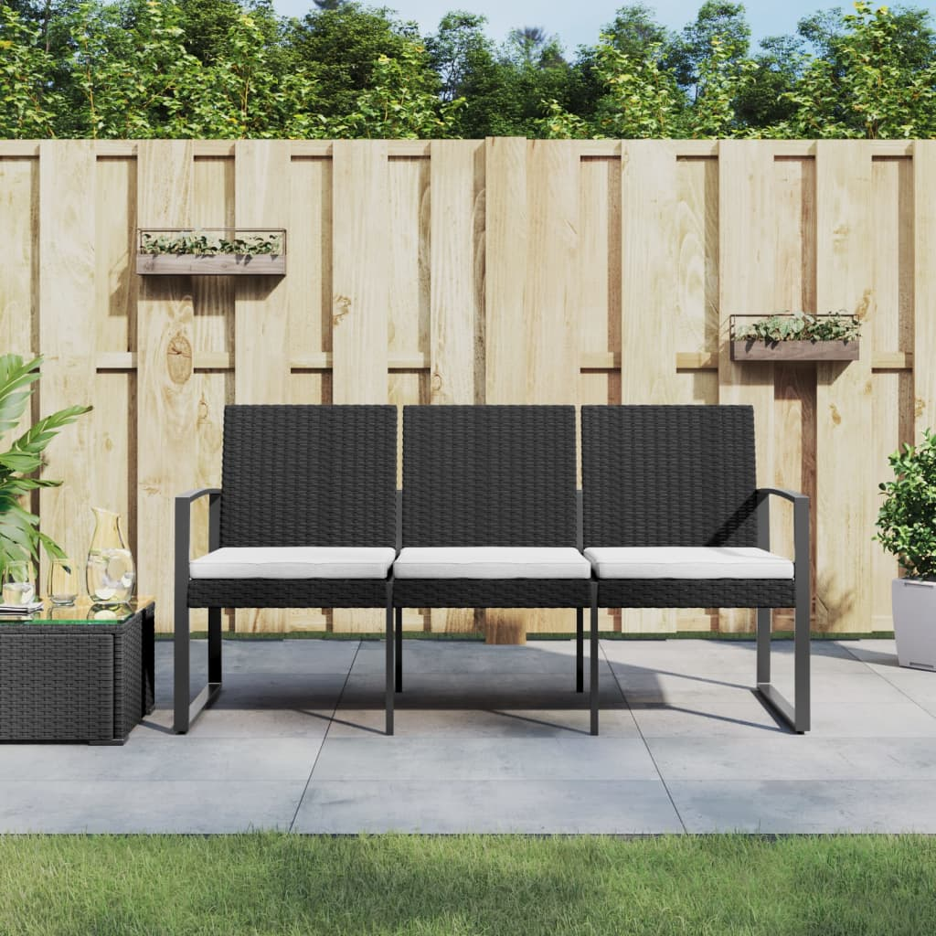 vidaXL 3-Seater Patio Bench with Cushions Black PP Rattan - WhatYouNeedSales