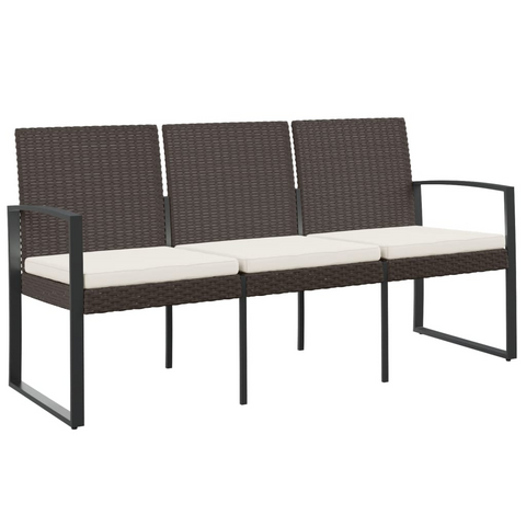 vidaXL 3-Seater Patio Bench with Cushions Brown PP Rattan - WhatYouNeedSales