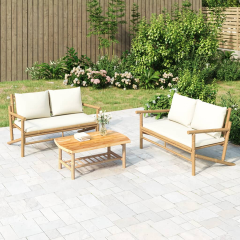 vidaXL Patio Bench with Cream White Cushions Bamboo - WhatYouNeedSales