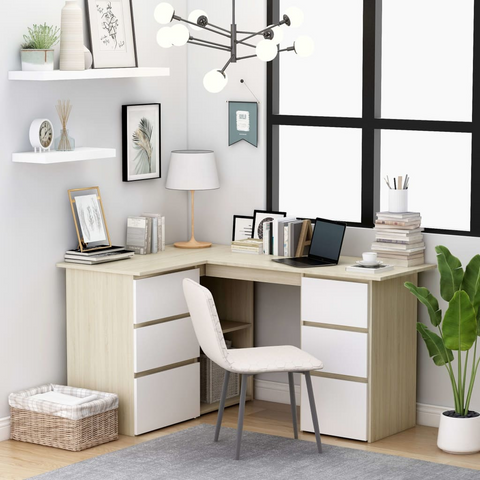 vidaXL Corner Desk White and Sonoma Oak 57.1"x39.4"x29.9" Engineered Wood - WhatYouNeedSales