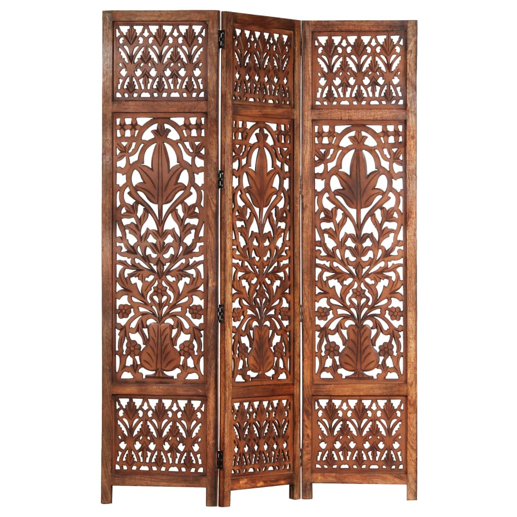 vidaXL Hand Carved 3-Panel Room Divider Brown 47.2"x65" Solid Mango Wood - WhatYouNeedSales