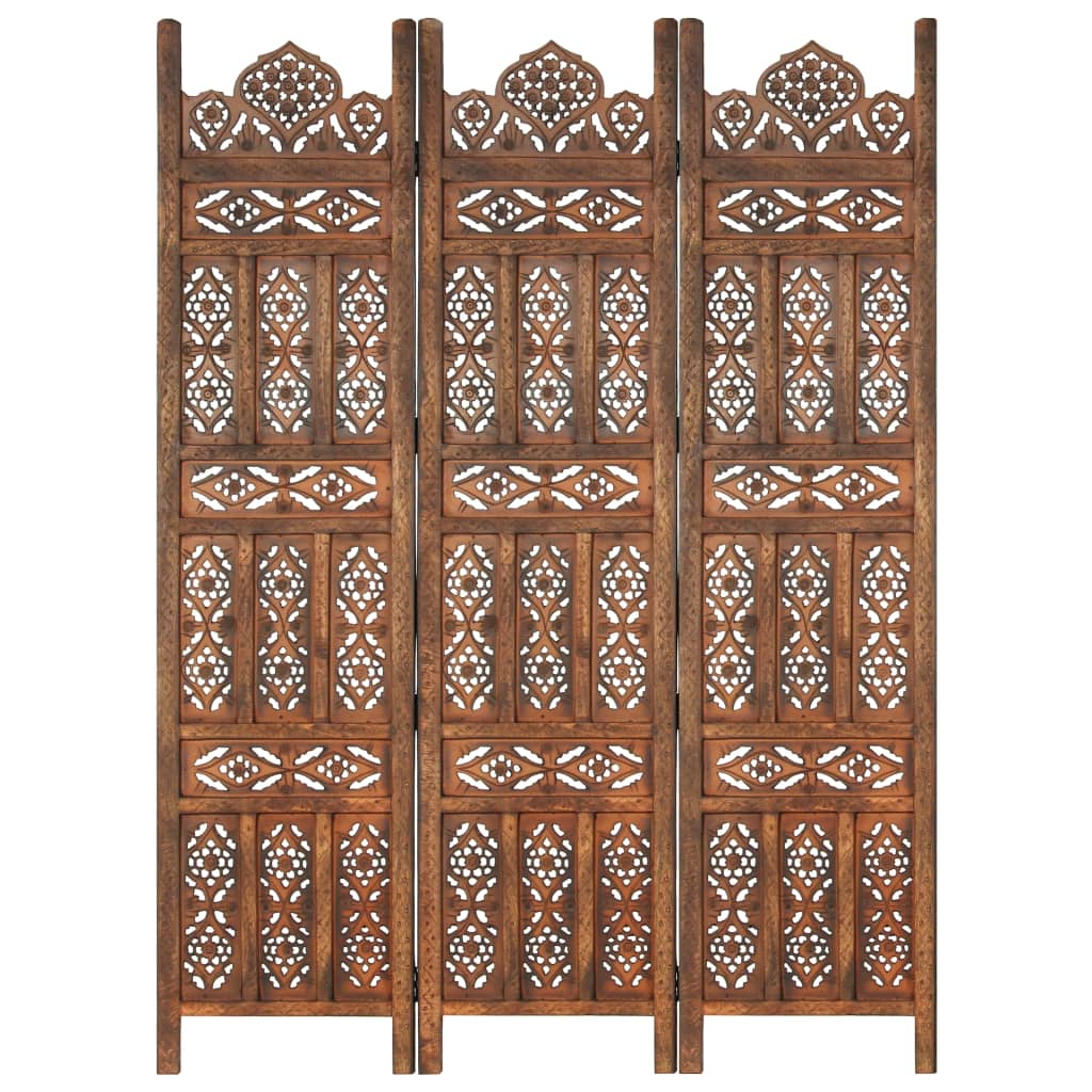 vidaXL Hand carved 3-Panel Room Divider Brown 47.2"x65" Solid Mango Wood - WhatYouNeedSales