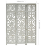 vidaXL Hand Carved 3-Panel Room Divider Gray 47.2"x65" Solid Mango Wood - WhatYouNeedSales