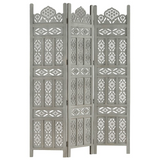 vidaXL Hand carved 3-Panel Room Divider Gray 47.2"x65" Solid Mango Wood - WhatYouNeedSales