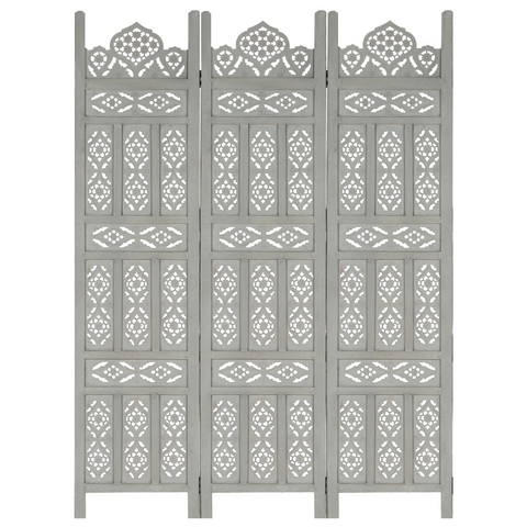 vidaXL Hand carved 3-Panel Room Divider Gray 47.2"x65" Solid Mango Wood - WhatYouNeedSales