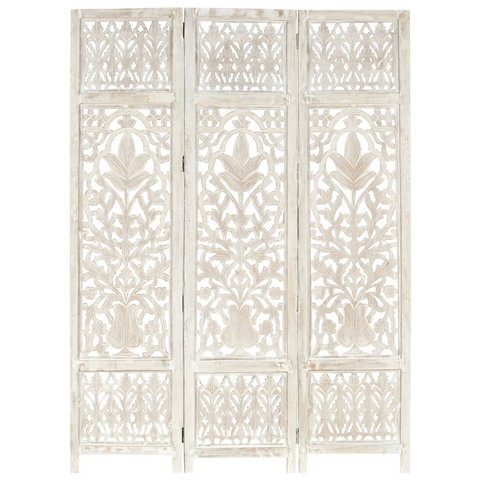 vidaXL Hand carved 3-Panel Room Divider White 47.2"x65" Solid Mango Wood - WhatYouNeedSales