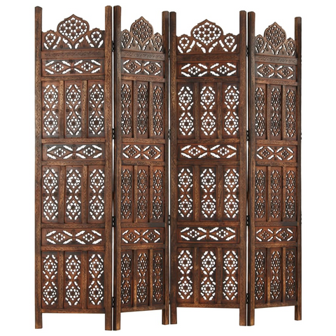 vidaXL Hand carved 4-Panel Room Divider Brown 63"x65" Solid Mango Wood - WhatYouNeedSales