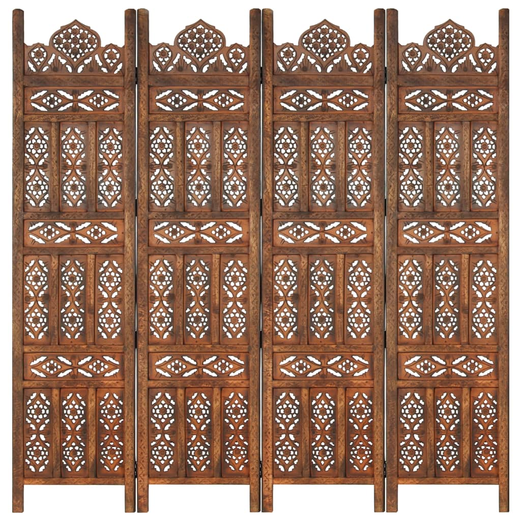 vidaXL Hand carved 4-Panel Room Divider Brown 63"x65" Solid Mango Wood - WhatYouNeedSales