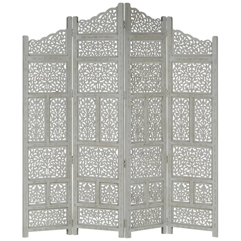 vidaXL Hand carved 4-Panel Room Divider Gray 63"x65" Solid Mango Wood - WhatYouNeedSales