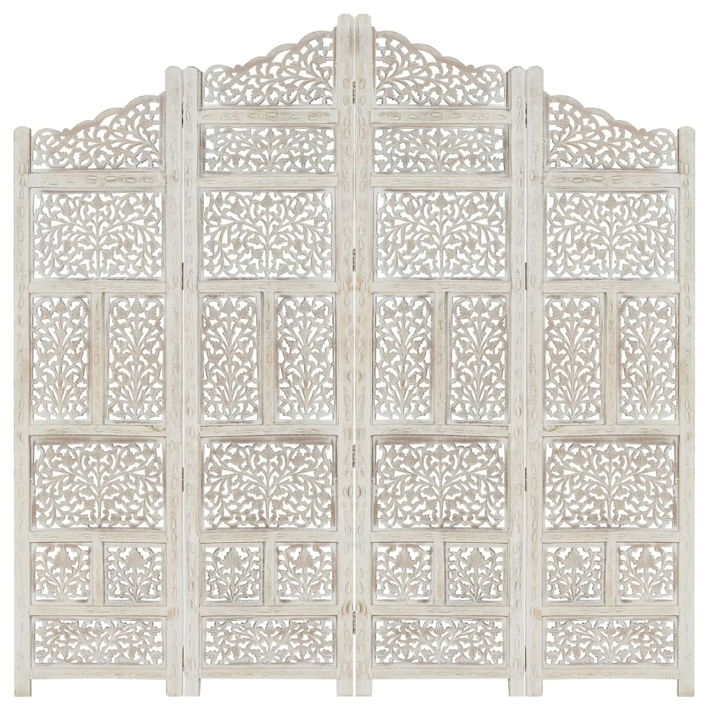 vidaXL Hand carved 4-Panel Room Divider White 63"x65" Solid Mango Wood - WhatYouNeedSales