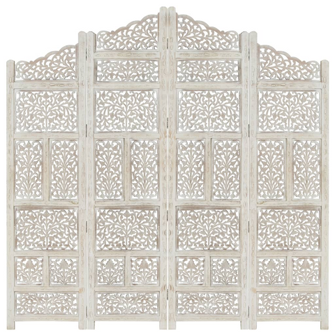 vidaXL Hand carved 4-Panel Room Divider White 63"x65" Solid Mango Wood - WhatYouNeedSales