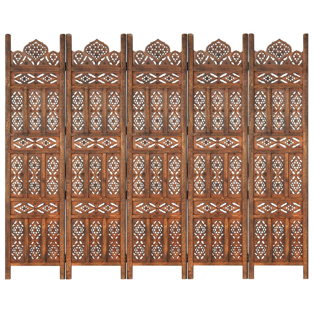 vidaXL Hand carved 5-Panel Room Divider Brown 78.7"x65" Solid Mango Wood - WhatYouNeedSales