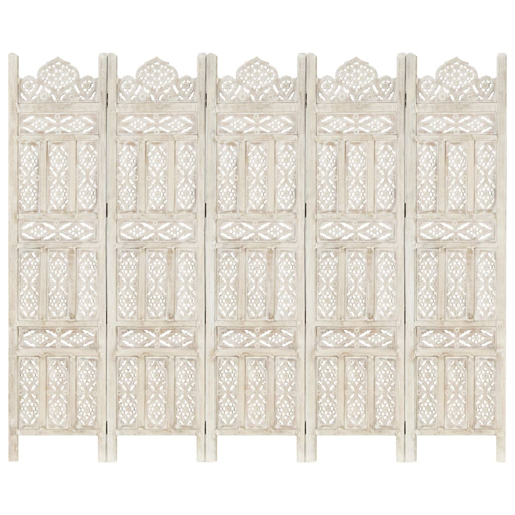 vidaXL Hand carved 5-Panel Room Divider White 78.7"x65" Solid Mango Wood - WhatYouNeedSales