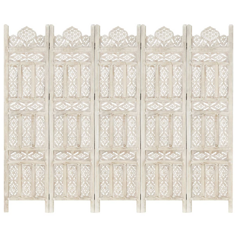 vidaXL Hand carved 5-Panel Room Divider White 78.7"x65" Solid Mango Wood - WhatYouNeedSales