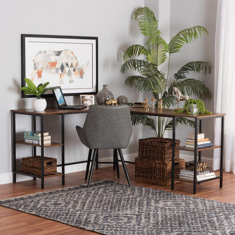 L-Shaped Walnut Brown Corner Desk with Four Side Shelves - Ember Workspace - WhatYouNeedSales