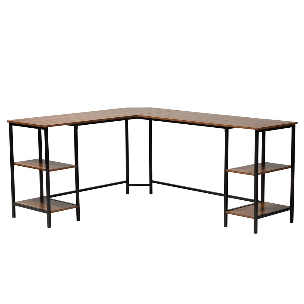 L-Shaped Walnut Brown Corner Desk with Four Side Shelves - Ember Workspace - WhatYouNeedSales