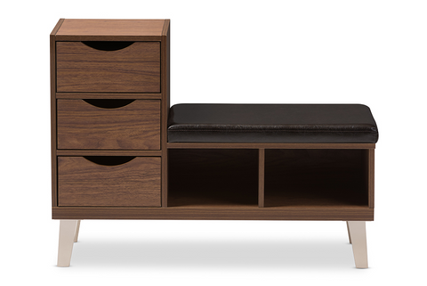 Walnut Brown Wood 3-Drawer Shoe Storage Padded Leatherette Seating Bench - WhatYouNeedSales