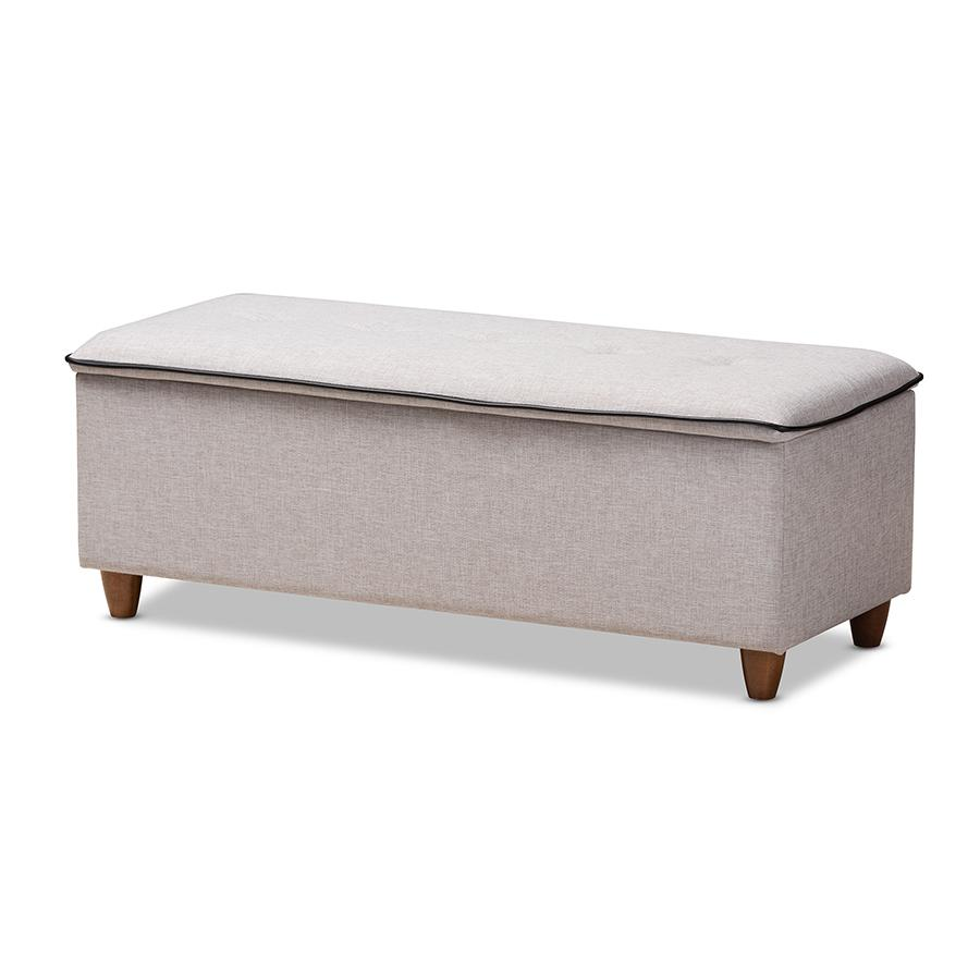 Walnut Finished Wood and Greyish Beige Button Tufted Storage Ottoman Bench - WhatYouNeedSales