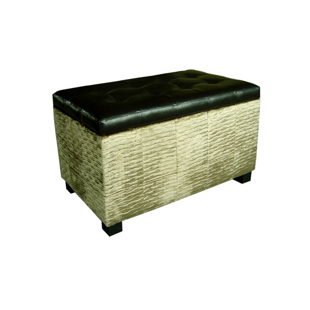 "Wavy Beige Velvet and Black Faux Leather Storage Bench" - WhatYouNeedSales